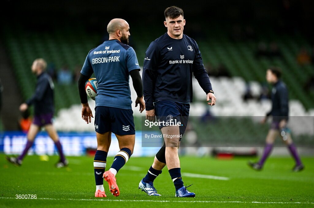 24 October 2026; Jamison Gibson-Park, left, and Dan Sheehan of Leinster before the United Rugby Championship match between Leinster and Munster at the Aviva Stadium in Dublin. Photo by David Fitzgerald/Sportsfile