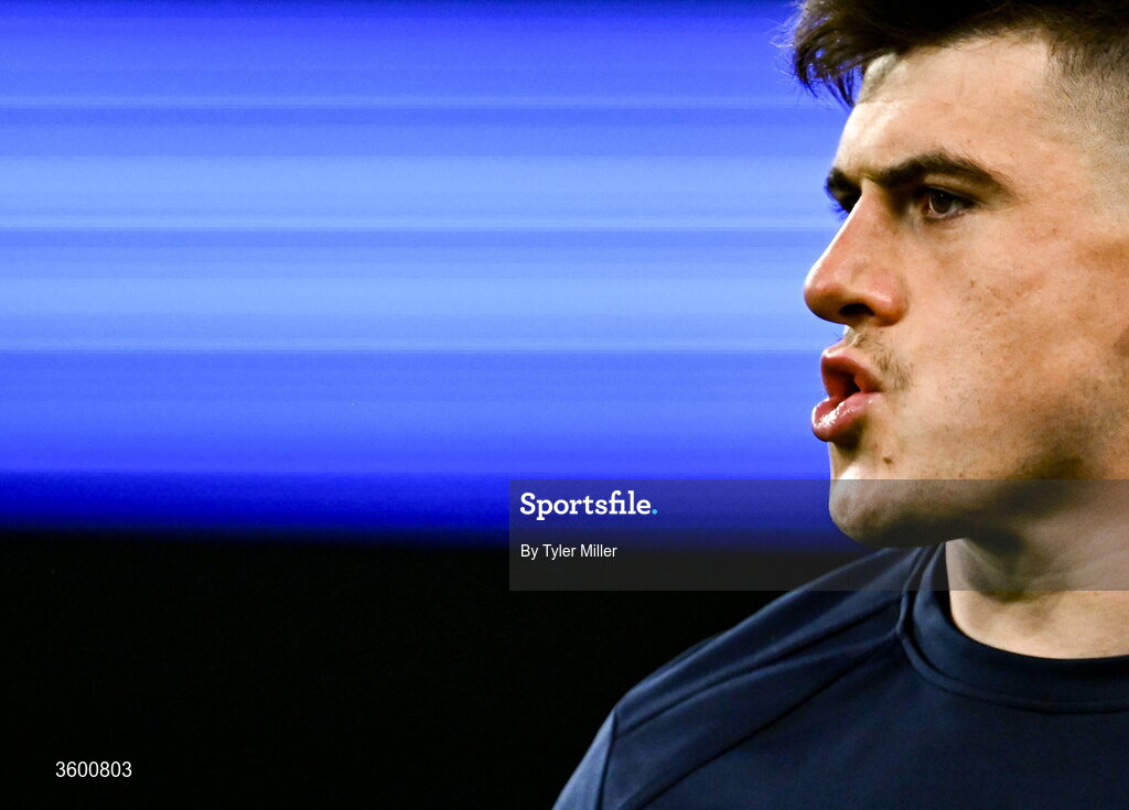 24 October 2026; Dan Sheehan of Leinster warms up before the United Rugby Championship match between Leinster and Munster at the Aviva Stadium in Dublin. Photo by Tyler Miller/Sportsfile
