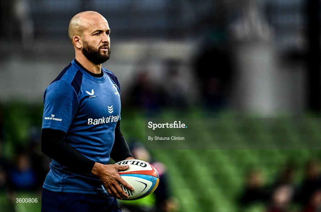 24 October 2026; Jamison Gibson-Park of Leinster warms up before the United Rugby Championship match between Leinster and Munster at the Aviva Stadium in Dublin. Photo by Shauna Clinton/Sportsfile