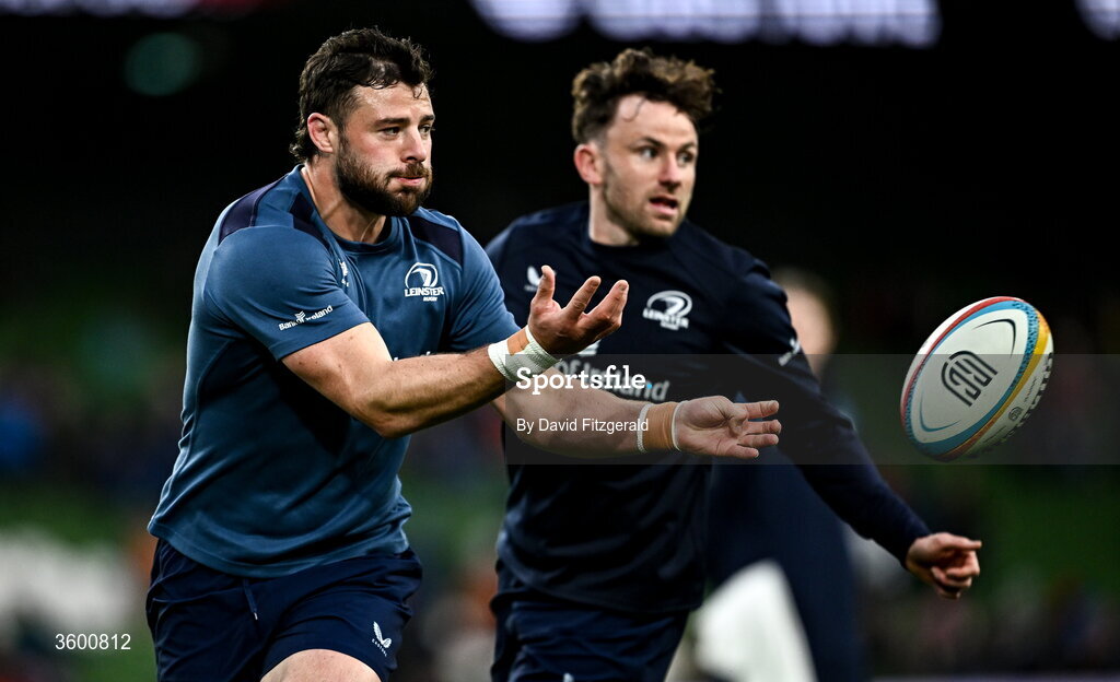 24 October 2026; Robbie Henshaw and Hugo Keenan, right, of Leinster warm up before the United Rugby Championship match between Leinster and Munster at the Aviva Stadium in Dublin. Photo by David Fitzgerald/Sportsfile