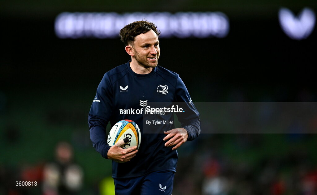 24 October 2026; Hugo Keenan of Leinster warms up before the United Rugby Championship match between Leinster and Munster at the Aviva Stadium in Dublin. Photo by Tyler Miller/Sportsfile