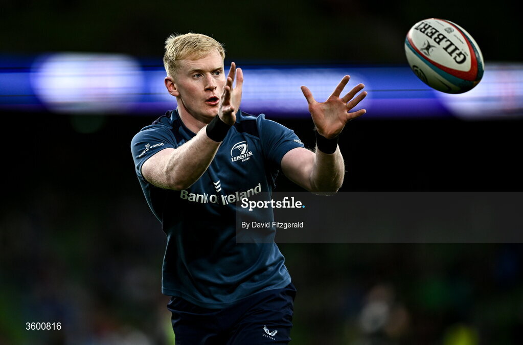 24 October 2026; Jamie Osborne of Leinster warms up before the United Rugby Championship match between Leinster and Munster at the Aviva Stadium in Dublin. Photo by David Fitzgerald/Sportsfile