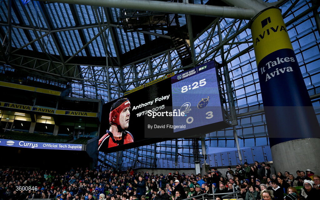 24 October 2026; The big screen shows a tribute to the late Anthony 'Axel' Foley during the United Rugby Championship match between Leinster and Munster at the Aviva Stadium in Dublin. Photo by David Fitzgerald/Sportsfile
