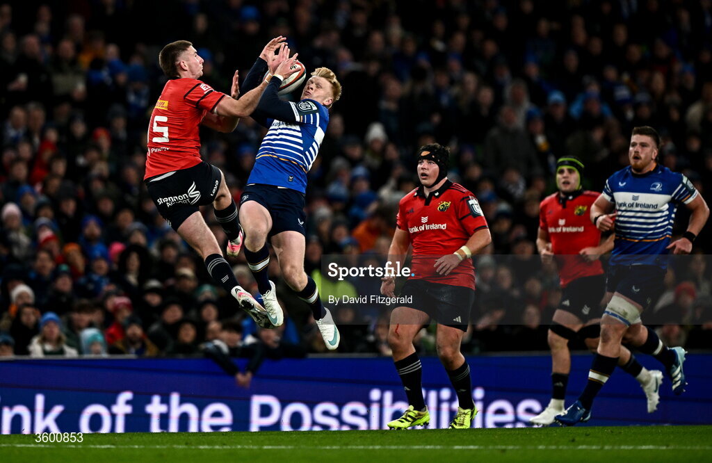 24 October 2026; Tommy O'Brien of Leinster in action against Ben O'Connor of Munster during the United Rugby Championship match between Leinster and Munster at the Aviva Stadium in Dublin. Photo by David Fitzgerald/Sportsfile