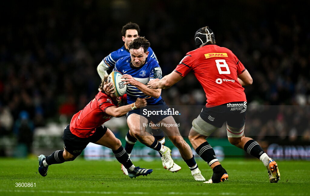 24 October 2026; Hugo Keenan of Leinster is tackled by Craig Casey, left, and Gavin Coombes of Munster during the United Rugby Championship match between Leinster and Munster at the Aviva Stadium in Dublin. Photo by David Fitzgerald/Sportsfile