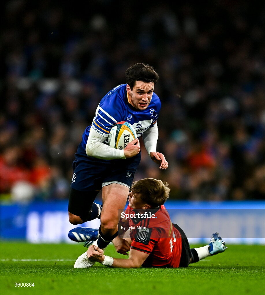 24 October 2026; Joey Carbery of Leinster is tackled by Charlie O'Shea of Munster during the United Rugby Championship match between Leinster and Munster at the Aviva Stadium in Dublin. Photo by Tyler Miller/Sportsfile