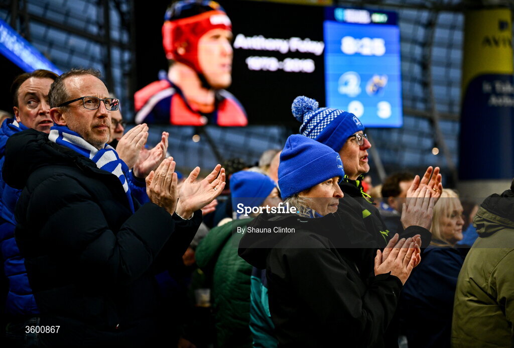 24 October 2026; Supporters stand and applaud during the 8th minute in tribute to the late Anthony 'Axel' Foley during the United Rugby Championship match between Leinster and Munster at the Aviva Stadium in Dublin. Photo by Shauna Clinton/Sportsfile