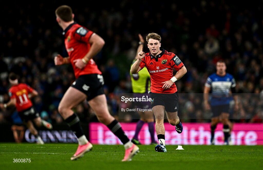 24 October 2026; Charlie O'Shea of Munster celebrates kicking a penalty during the United Rugby Championship match between Leinster and Munster at the Aviva Stadium in Dublin. Photo by David Fitzgerald/Sportsfile