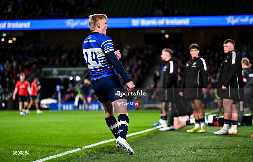 24 October 2026; Tommy O'Brien of Leinster celebrates after scoring his side's opening try during the United Rugby Championship match between Leinster and Munster at the Aviva Stadium in Dublin. Photo by Tyler Miller/Sportsfile