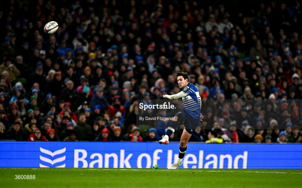 24 October 2026; Joey Carbery of Leinster kicks a conversion, which he failed to convert, during the United Rugby Championship match between Leinster and Munster at the Aviva Stadium in Dublin. Photo by David Fitzgerald/Sportsfile