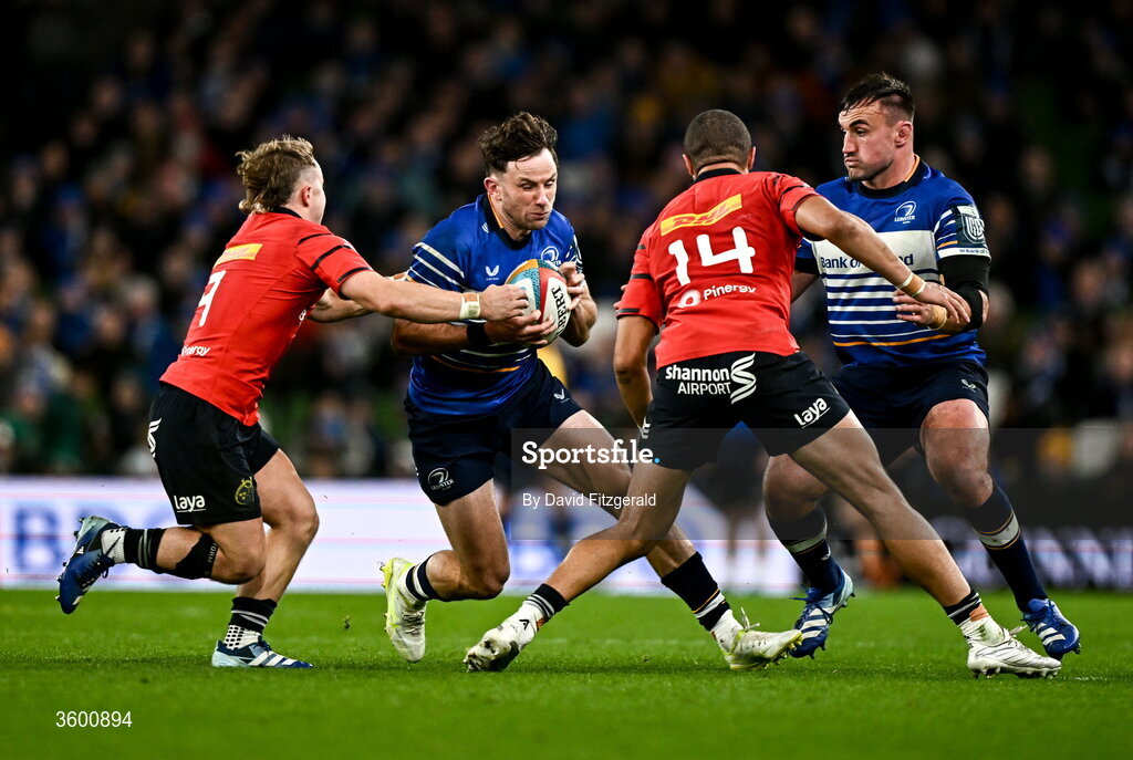 24 October 2026; Hugo Keenan of Leinster is tackled by Craig Casey of Munster during the United Rugby Championship match between Leinster and Munster at the Aviva Stadium in Dublin. Photo by David Fitzgerald/Sportsfile