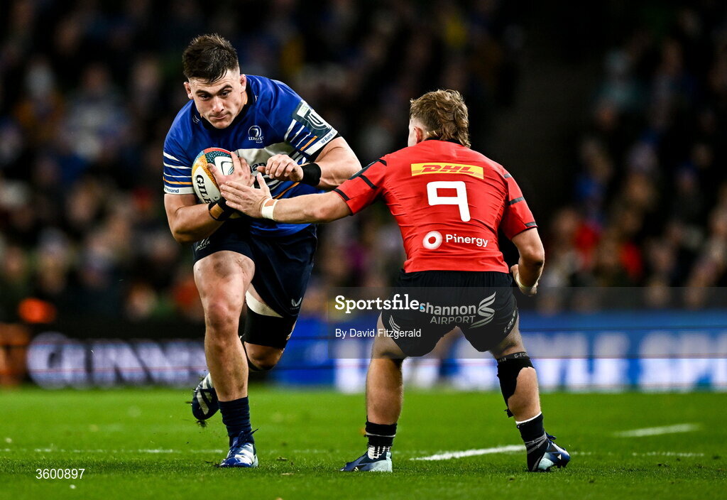 24 October 2026; Dan Sheehan of Leinster in action against Craig Casey of Munster during the United Rugby Championship match between Leinster and Munster at the Aviva Stadium in Dublin. Photo by David Fitzgerald/Sportsfile