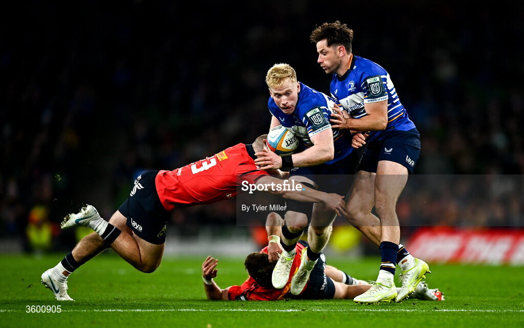 24 October 2026; Jamie Osborne of Leinster is tackled by Gordon Wood of Munster during the United Rugby Championship match between Leinster and Munster at the Aviva Stadium in Dublin. Photo by Tyler Miller/Sportsfile