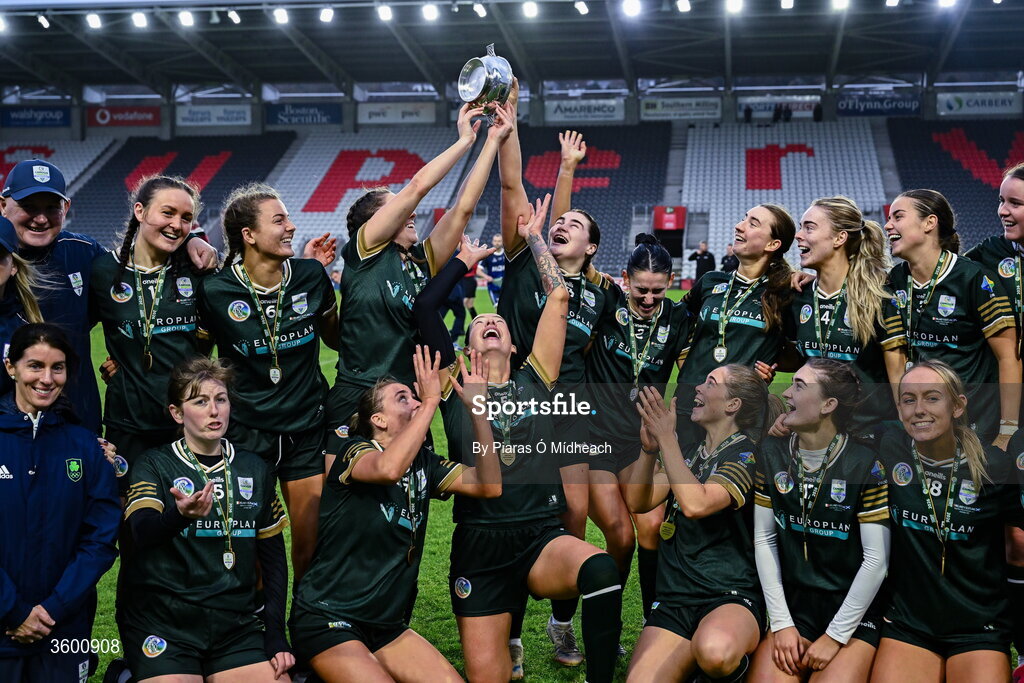 24 October 2026; Ireland players celebrate after their side's victory in the 2026 Camogie/Shinty International match between Ireland and Scotland at SuperValu Páirc Uí Chaoimh in Cork. Photo by Piaras Ó Mídheach/Sportsfile