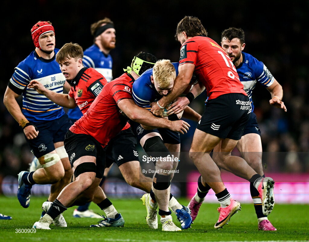 24 October 2026; Jamie Osborne of Leinster is tackled by Alex Nankivell of Munster during the United Rugby Championship match between Leinster and Munster at the Aviva Stadium in Dublin. Photo by David Fitzgerald/Sportsfile