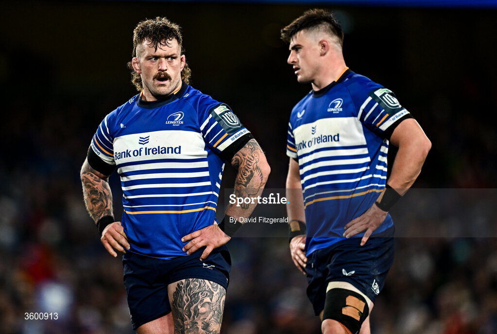 24 October 2026; Andrew Porter, left, and Dan Sheehan of Leinster during the United Rugby Championship match between Leinster and Munster at the Aviva Stadium in Dublin. Photo by David Fitzgerald/Sportsfile
