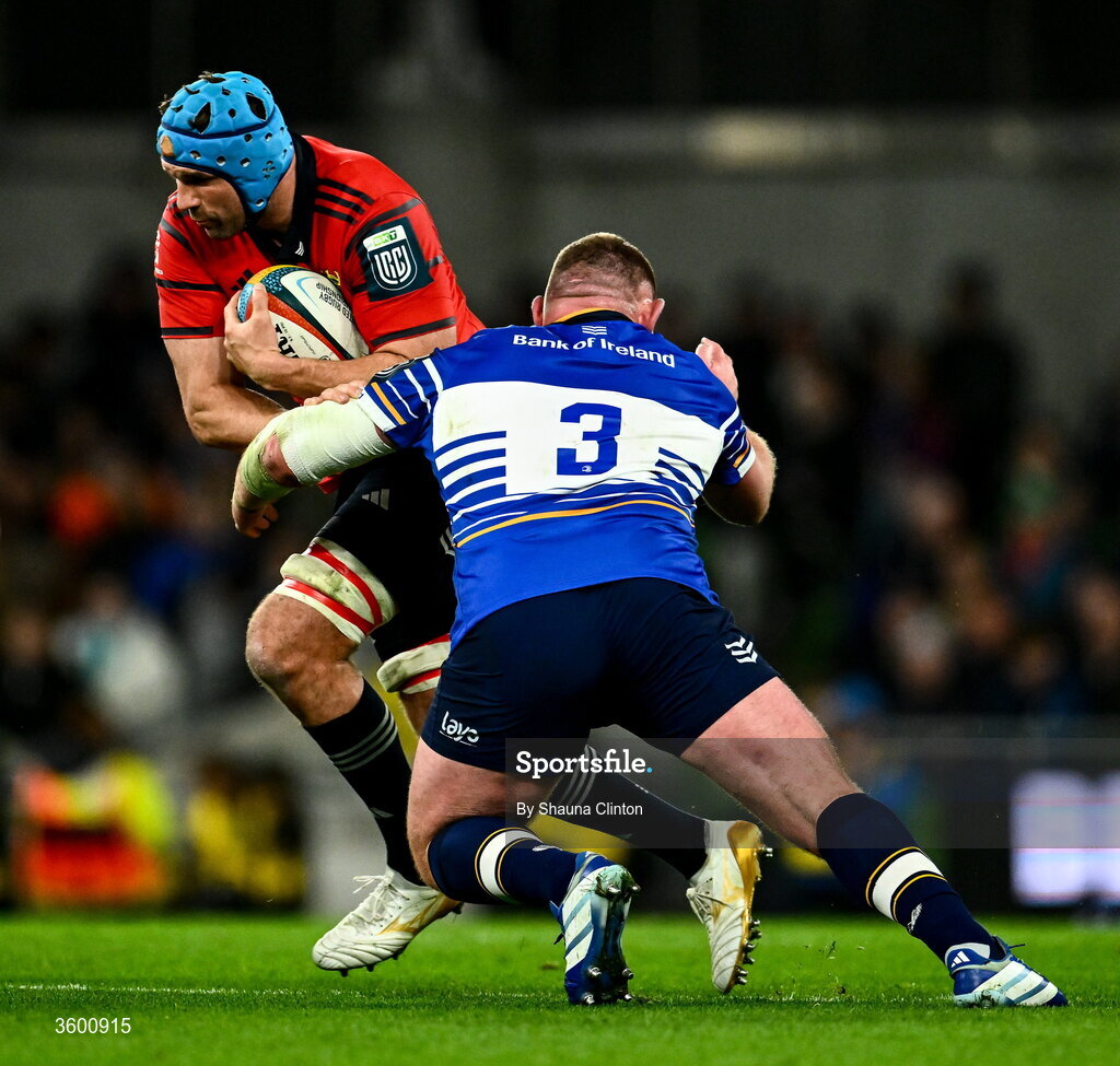 24 October 2026; Tadhg Beirne of Munster is tackled by Tadhg Furlong of Leinster during the United Rugby Championship match between Leinster and Munster at the Aviva Stadium in Dublin. Photo by Shauna Clinton/Sportsfile