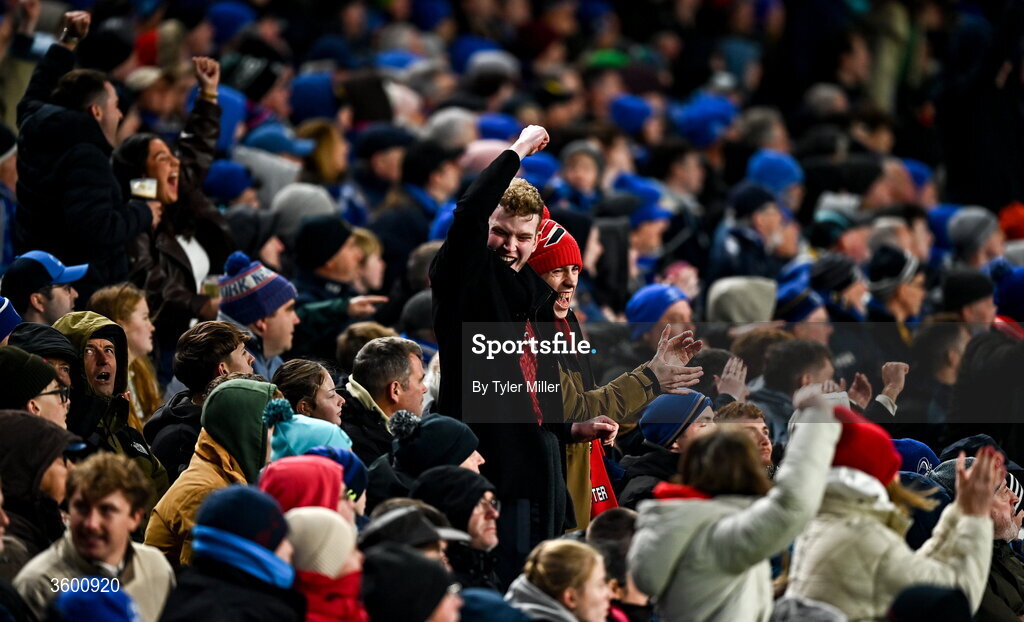 24 October 2026; Munster supporters celebrate their opening try during the United Rugby Championship match between Leinster and Munster at the Aviva Stadium in Dublin. Photo by Tyler Miller/Sportsfile