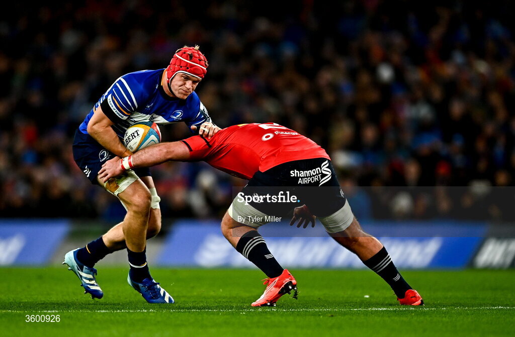 24 October 2026; Josh van der Flier of Leinster is tackled by Marius van der Merwe of Munster during the United Rugby Championship match between Leinster and Munster at the Aviva Stadium in Dublin. Photo by Tyler Miller/Sportsfile