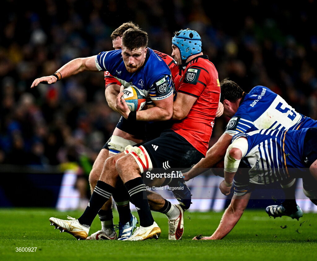 24 October 2026; Joe McCarthy of Leinster is tackled by Tadhg Beirne of Munster during the United Rugby Championship match between Leinster and Munster at the Aviva Stadium in Dublin. Photo by David Fitzgerald/Sportsfile