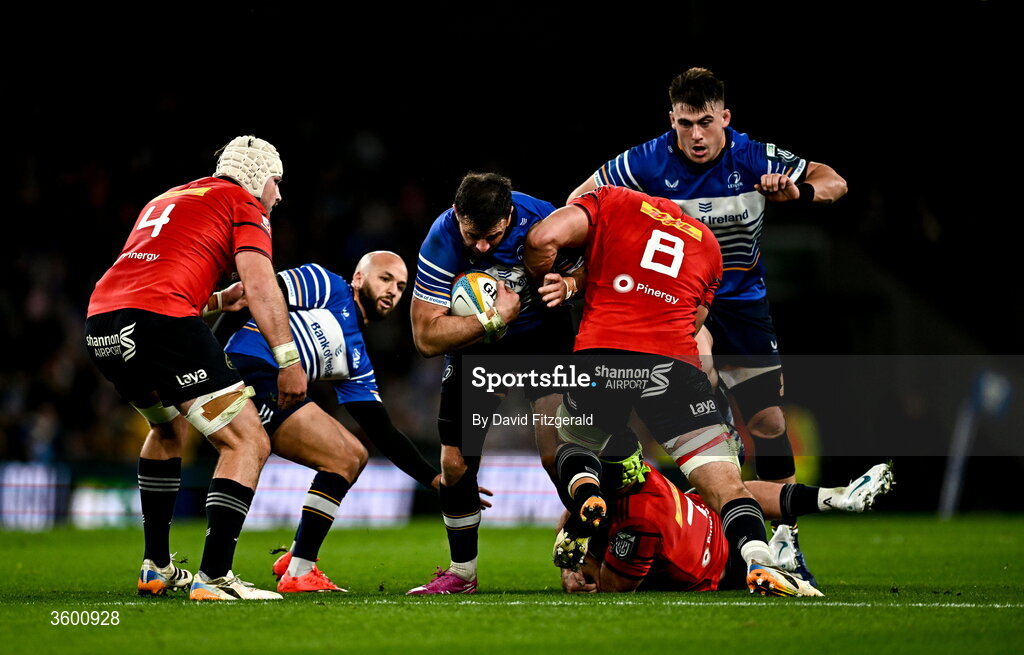 24 October 2026; Robbie Henshaw of Leinster is tackled by Gavin Coombes of Munster during the United Rugby Championship match between Leinster and Munster at the Aviva Stadium in Dublin. Photo by David Fitzgerald/Sportsfile