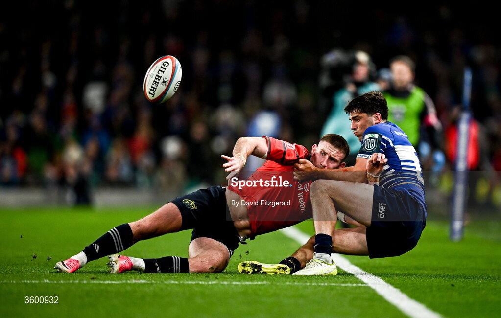 24 October 2026; Ben O'Connor of Munster is tackled by Jimmy O'Brien of Leinster during the United Rugby Championship match between Leinster and Munster at the Aviva Stadium in Dublin. Photo by David Fitzgerald/Sportsfile