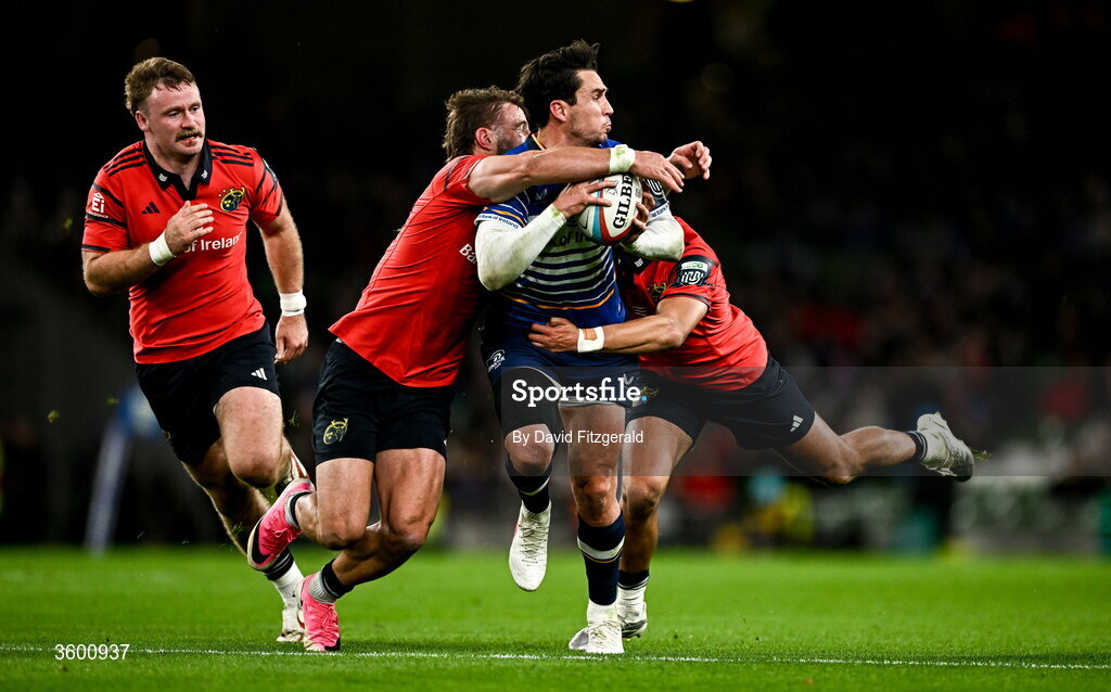 24 October 2026; Joey Carberry of Leinster is tackled by Alex Nankivell, left, and Ben O'Connor of Munster during the United Rugby Championship match between Leinster and Munster at the Aviva Stadium in Dublin. Photo by David Fitzgerald/Sportsfile