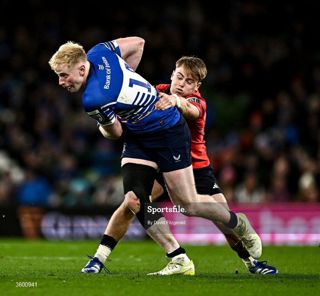24 October 2026; Jamie Osborne of Leinster is tackled by Charlie O'Shea of Munster during the United Rugby Championship match between Leinster and Munster at the Aviva Stadium in Dublin. Photo by David Fitzgerald/Sportsfile