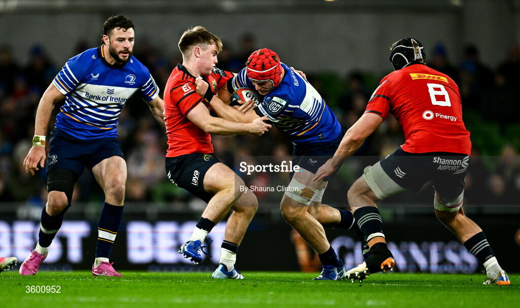 24 October 2026; Josh van der Flier of Leinster is tackled by Charlie O'Shea of Munster during the United Rugby Championship match between Leinster and Munster at the Aviva Stadium in Dublin. Photo by Shauna Clinton/Sportsfile