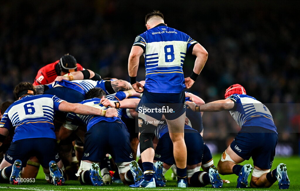 24 October 2026; Dan Sheehan of Leinster prepare to enter from the back of a scrum during the United Rugby Championship match between Leinster and Munster at the Aviva Stadium in Dublin. Photo by Tyler Miller/Sportsfile