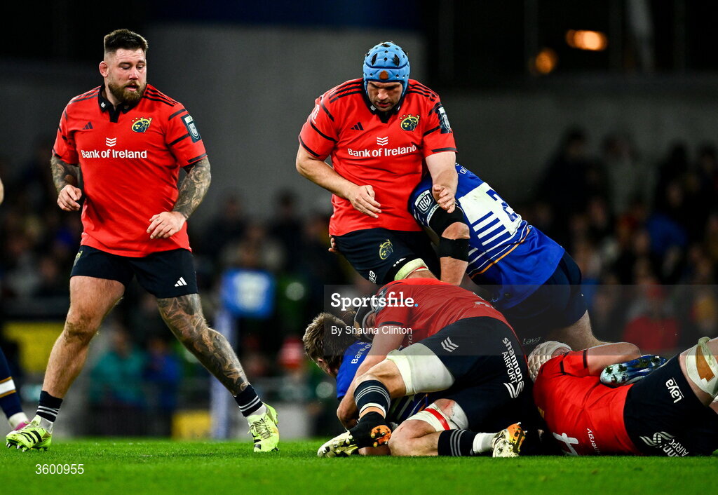 24 October 2026; Tadhg Beirne of Munster is tackled by Ronan Kelleher of Leinster during the United Rugby Championship match between Leinster and Munster at the Aviva Stadium in Dublin. Photo by Shauna Clinton/Sportsfile