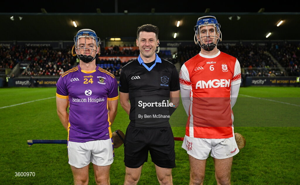 24 October 2026; Referee Sean Stack with team captains Oisin O'Rorke of Kilmacud Crokes, left, and Sean Moran of Cuala before the PTSB Dublin County Senior Club Hurling Championship final match between Cuala and Kilmacud Crokes at Parnell Park in Dublin. Photo by Ben McShane/Sportsfile