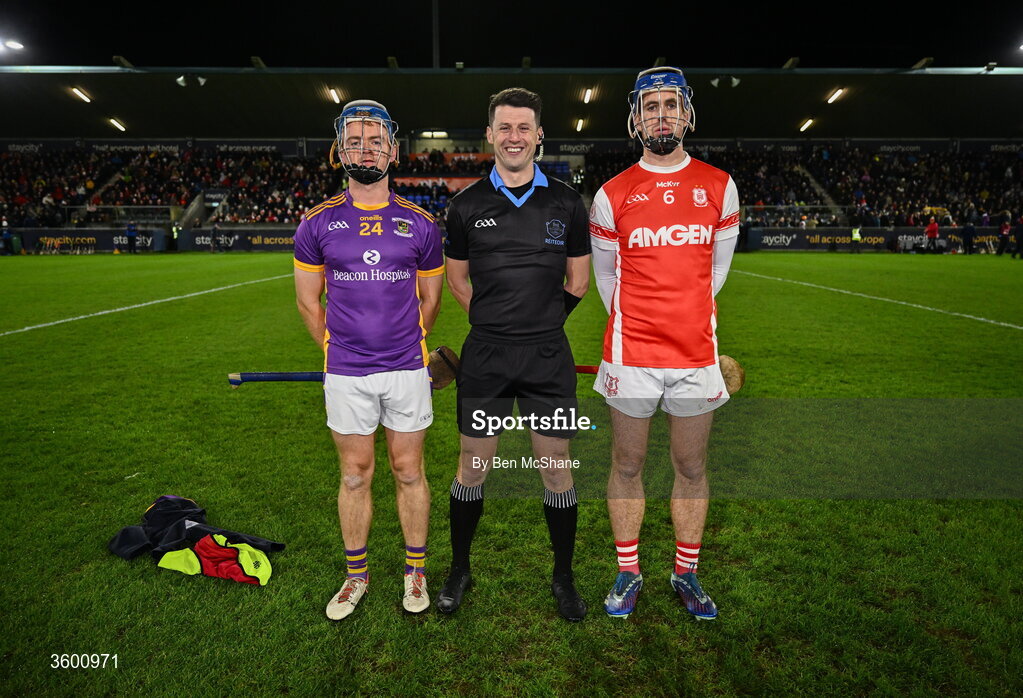 24 October 2026; Referee Sean Stack with team captains Oisin O'Rorke of Kilmacud Crokes, left, and Sean Moran of Cuala before the PTSB Dublin County Senior Club Hurling Championship final match between Cuala and Kilmacud Crokes at Parnell Park in Dublin. Photo by Ben McShane/Sportsfile
