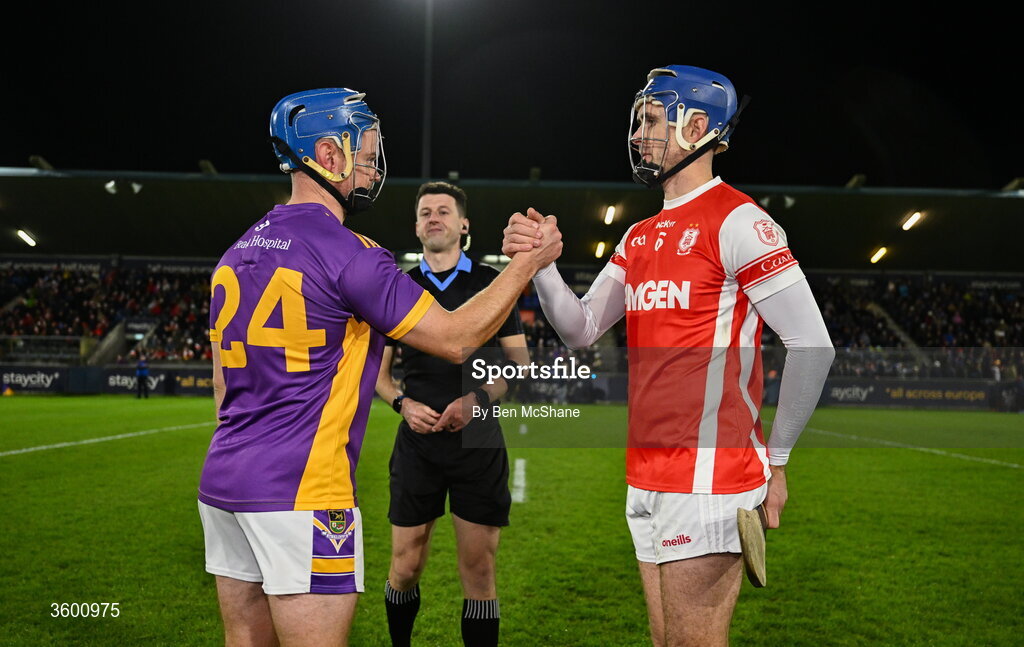 24 October 2026; Team captains Oisin O'Rorke of Kilmacud Crokes, left, and Sean Moran of Cuala before the PTSB Dublin County Senior Club Hurling Championship final match between Cuala and Kilmacud Crokes at Parnell Park in Dublin. Photo by Ben McShane/Sportsfile