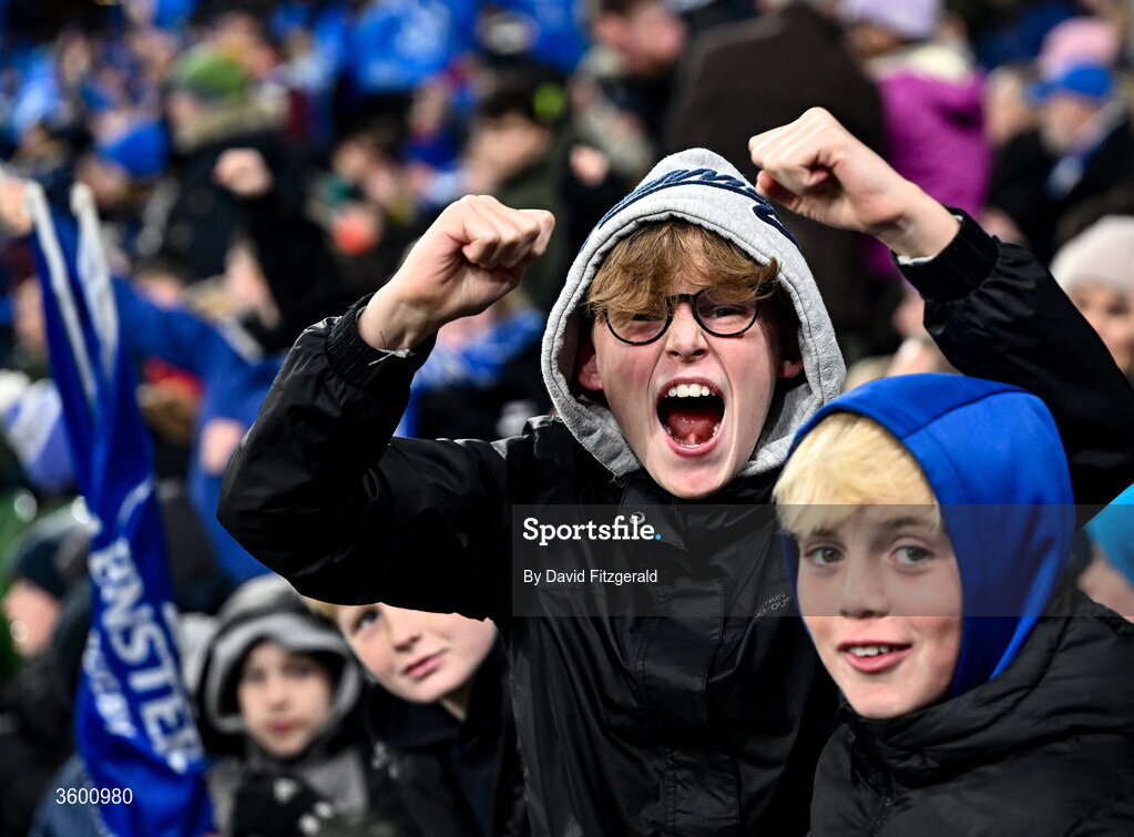 24 October 2026; Leinster supporters celebrate their second try during the United Rugby Championship match between Leinster and Munster at the Aviva Stadium in Dublin. Photo by David Fitzgerald/Sportsfile