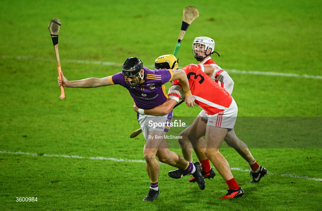 24 October 2026; Ronan Hayes of Kilmacud Crokes in action against Donal O'Shea, right, and Aodhan English of Cuala during the PTSB Dublin County Senior Club Hurling Championship final match between Cuala and Kilmacud Crokes at Parnell Park in Dublin. Photo by Ben McShane/Sportsfile