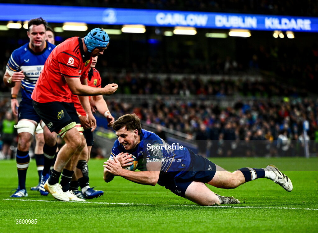 24 October 2026; Charlie Tector of Leinster dives over to score his side's third try during the United Rugby Championship match between Leinster and Munster at the Aviva Stadium in Dublin. Photo by Shauna Clinton/Sportsfile