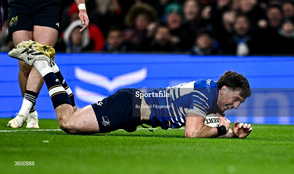 24 October 2026; Charlie Tector of Leinster scores his side's third try during the United Rugby Championship match between Leinster and Munster at the Aviva Stadium in Dublin. Photo by David Fitzgerald/Sportsfile