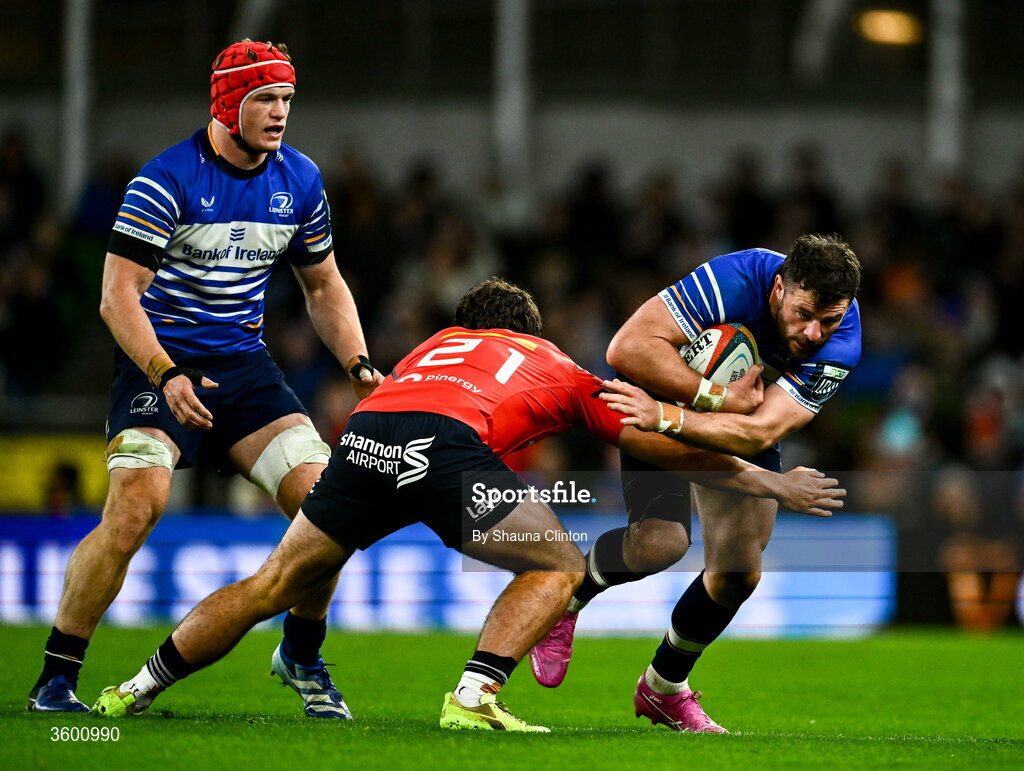 24 October 2026; Robbie Henshaw of Leinster is tackled by Ben O'Donovan of Munster during the United Rugby Championship match between Leinster and Munster at the Aviva Stadium in Dublin. Photo by Shauna Clinton/Sportsfile