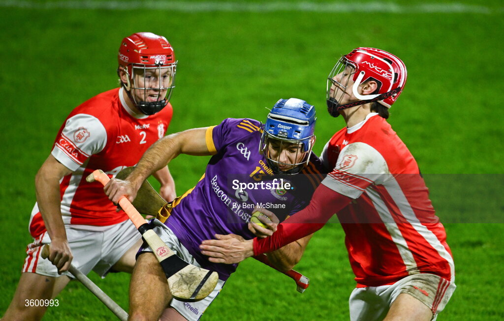 24 October 2026; Brendan Kenny of Kilmacud Crokes in action against Eoghan O'Callaghan, left, and Conor Groarke of Cuala during the PTSB Dublin County Senior Club Hurling Championship final match between Cuala and Kilmacud Crokes at Parnell Park in Dublin. Photo by Ben McShane/Sportsfile