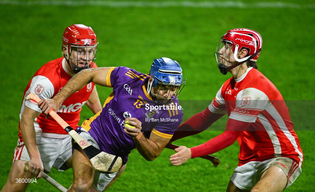24 October 2026; Brendan Kenny of Kilmacud Crokes in action against Eoghan O'Callaghan, left, and Conor Groarke of Cuala during the PTSB Dublin County Senior Club Hurling Championship final match between Cuala and Kilmacud Crokes at Parnell Park in Dublin. Photo by Ben McShane/Sportsfile