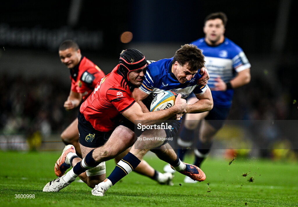 24 October 2026; Charlie Tector of Leinster is tackled by Brian Gleeson of Munster during the United Rugby Championship match between Leinster and Munster at the Aviva Stadium in Dublin. Photo by David Fitzgerald/Sportsfile