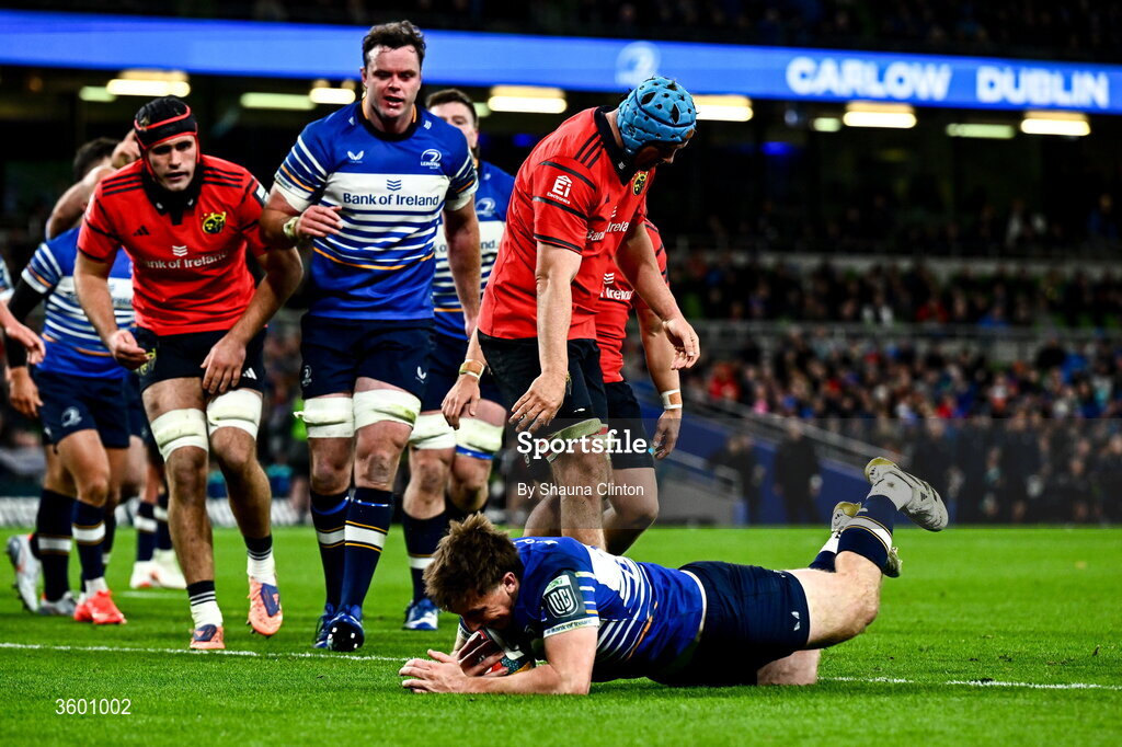 24 October 2026; Charlie Tector of Leinster scores his side's third try during the United Rugby Championship match between Leinster and Munster at the Aviva Stadium in Dublin. Photo by Shauna Clinton/Sportsfile