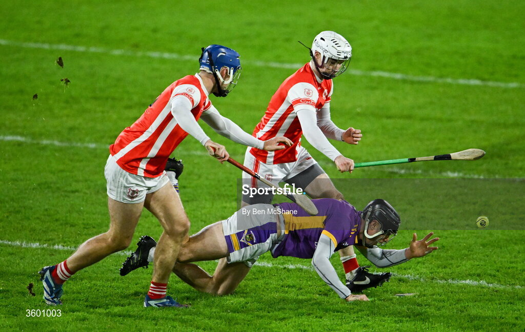 24 October 2026; Caolan Conway of Kilmacud Crokes is tackled by Sean Moran, left, and Donal O'Shea of Cuala during the PTSB Dublin County Senior Club Hurling Championship final match between Cuala and Kilmacud Crokes at Parnell Park in Dublin. Photo by Ben McShane/Sportsfile