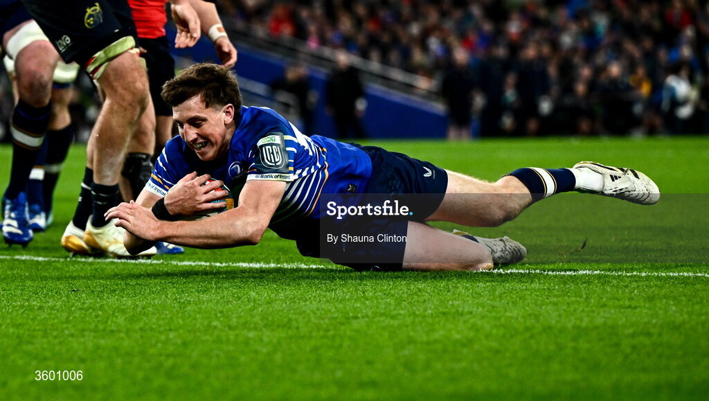 24 October 2026; Charlie Tector of Leinster dives over to score his side's third try during the United Rugby Championship match between Leinster and Munster at the Aviva Stadium in Dublin. Photo by Shauna Clinton/Sportsfile