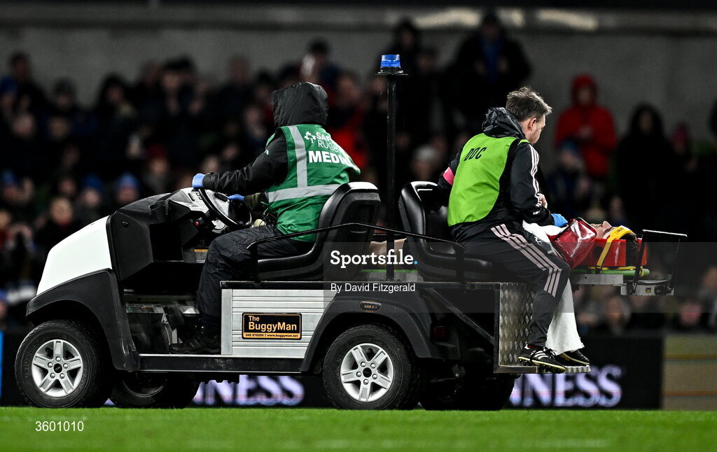 24 October 2026; Shane Daly of Munster leaves the pitch following an injury during the United Rugby Championship match between Leinster and Munster at the Aviva Stadium in Dublin. Photo by David Fitzgerald/Sportsfile