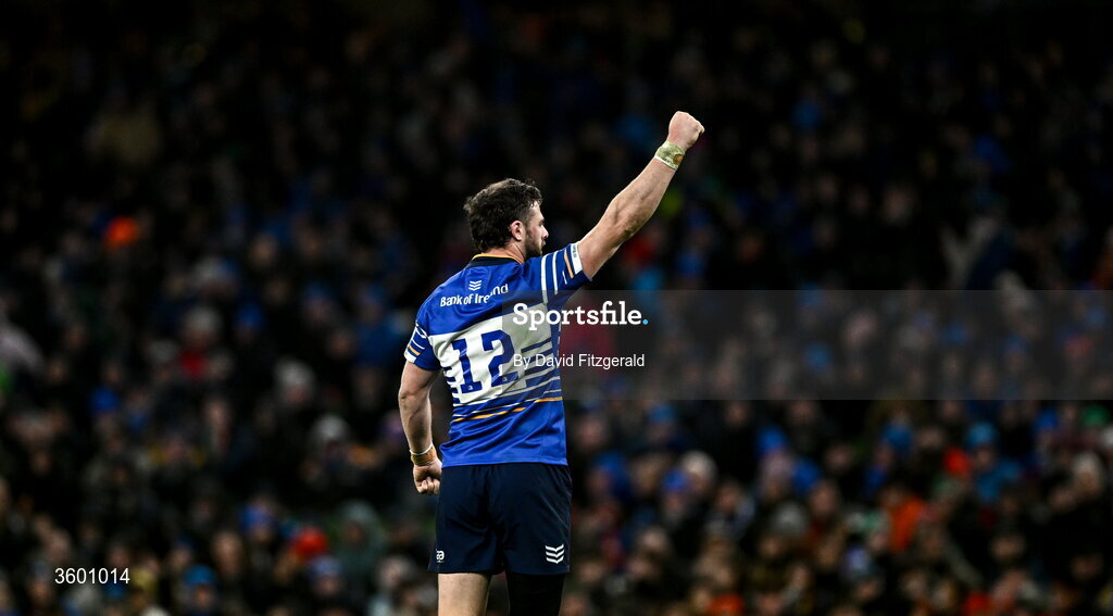 24 October 2026; Robbie Henshaw of Leinster celebrates a turn-over during the United Rugby Championship match between Leinster and Munster at the Aviva Stadium in Dublin. Photo by David Fitzgerald/Sportsfile