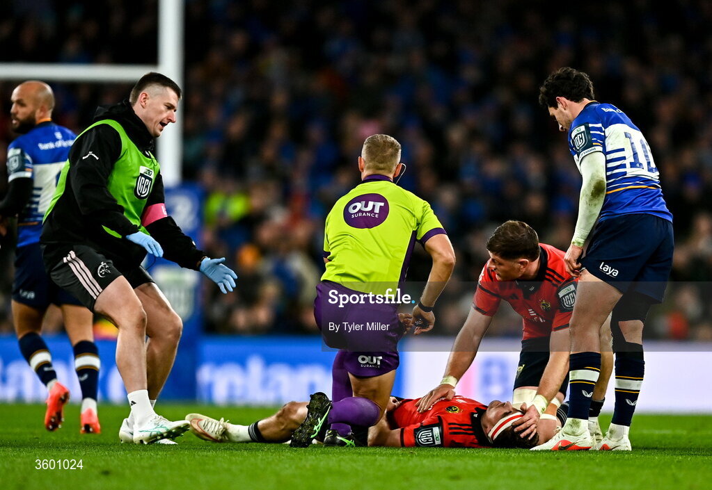 24 October 2026; Shane Daly of Munster awaits medical attention during the United Rugby Championship match between Leinster and Munster at the Aviva Stadium in Dublin. Photo by Tyler Miller/Sportsfile