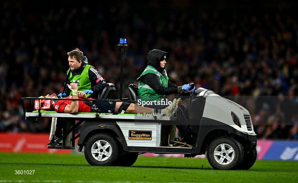 24 October 2026; Shane Daly of Munster gives a thumbs up as he leaves the pitch following an injury during the United Rugby Championship match between Leinster and Munster at the Aviva Stadium in Dublin. Photo by Tyler Miller/Sportsfile