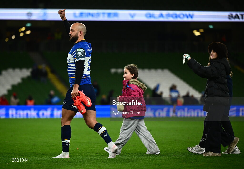24 October 2026; Jamison Gibson-Park of Leinster and family after the United Rugby Championship match between Leinster and Munster at the Aviva Stadium in Dublin. Photo by Shauna Clinton/Sportsfile